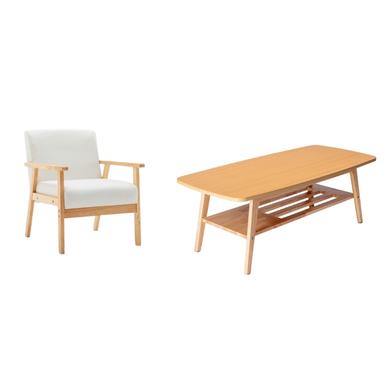 Pemberly Row Set of 2 Beige Linen Fabric Chair & Natural Light Oak Coffee Table