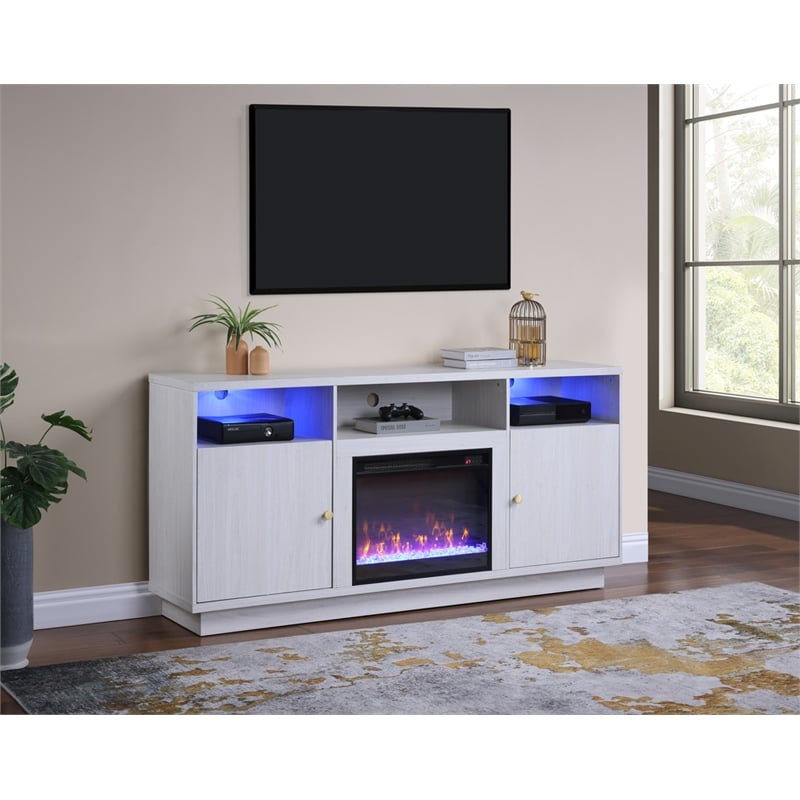 Pemberly Row Set of 2 Chenille Sectional Rt-Facing Chaise & Fireplace TV Console