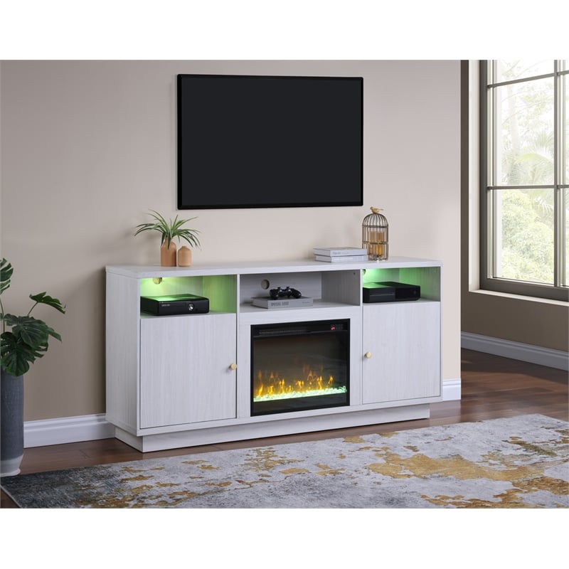 Pemberly Row Set of 2 Chenille Sectional Rt-Facing Chaise & Fireplace TV Console