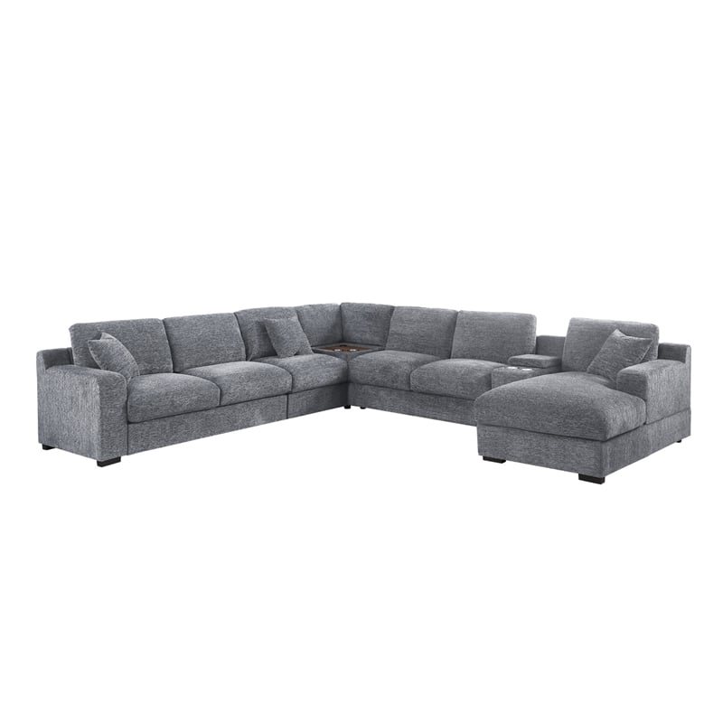 Pemberly Row Set of 2 Chenille Sectional Rt-Facing Chaise & Fireplace TV Console