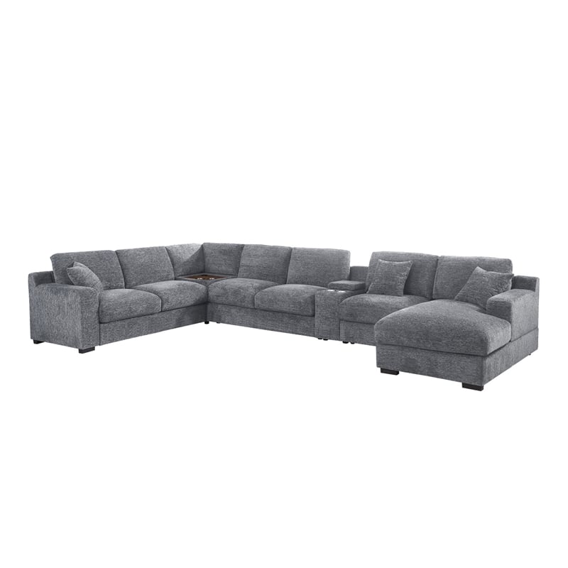 Pemberly Row Set of 2 Chenille Sectional Rt-Facing Chaise & Fireplace TV Console