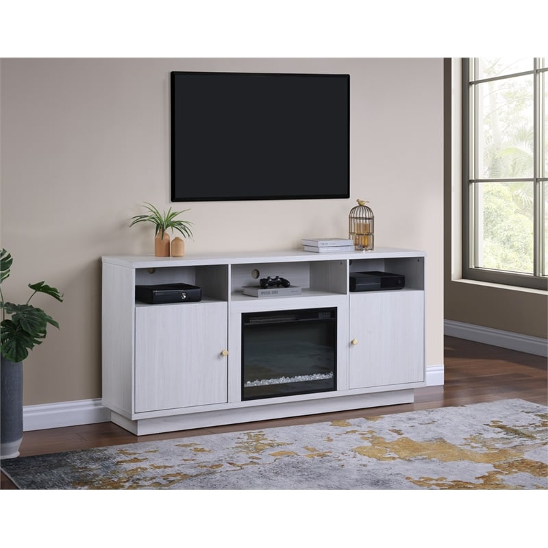 Pemberly Row Set of 2 Chenille Sectional Rt-Facing Chaise & Fireplace TV Console