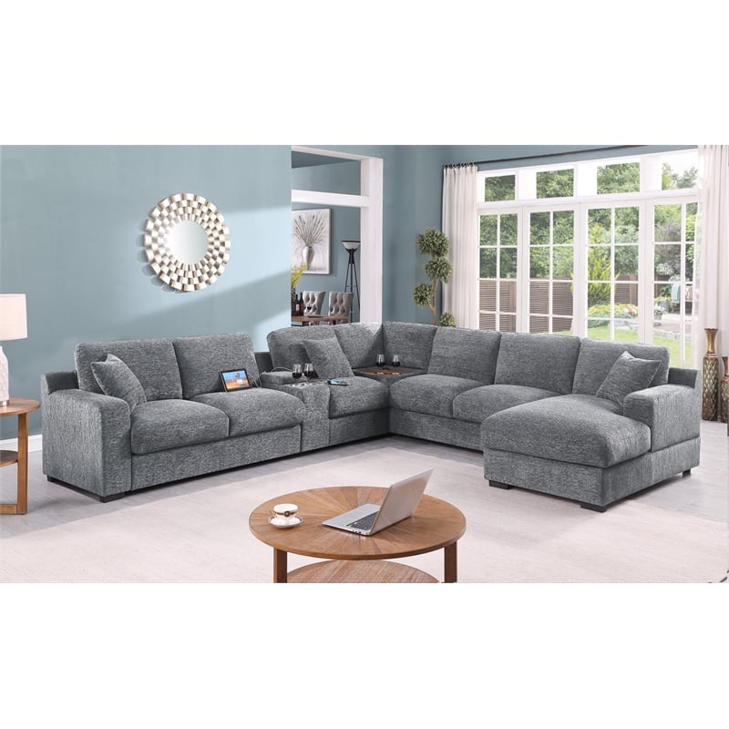 Pemberly Row Set of 2 Chenille Sectional Rt-Facing Chaise & Fireplace TV Console