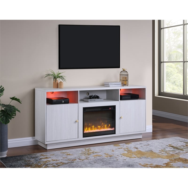 Pemberly Row Set of 2 Chenille Sectional Rt-Facing Chaise & Fireplace TV Console