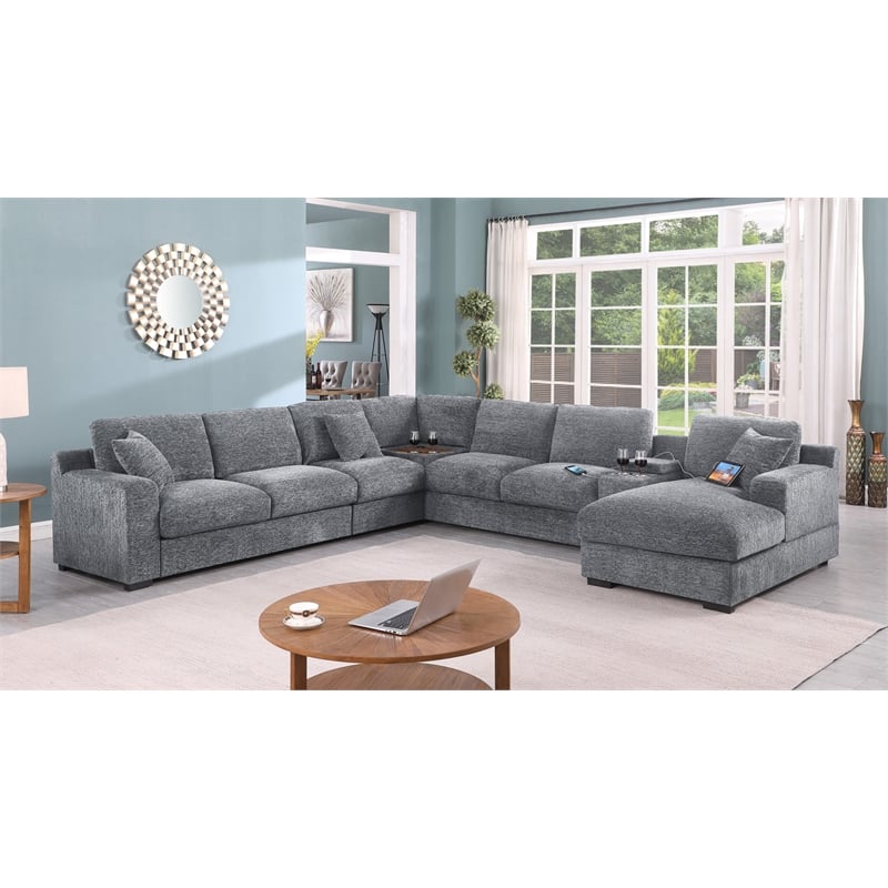 Pemberly Row Set of 2 Chenille Sectional Rt-Facing Chaise & Fireplace TV Console