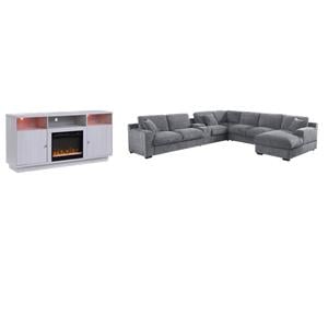 Pemberly Row Set of 2 Chenille Sectional Rt-Facing Chaise & Fireplace TV Console