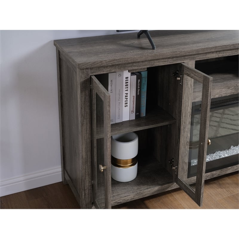 Pemberly Row Set of 2 Chenille Fabric Sectional Chaise and Fireplace TV Console