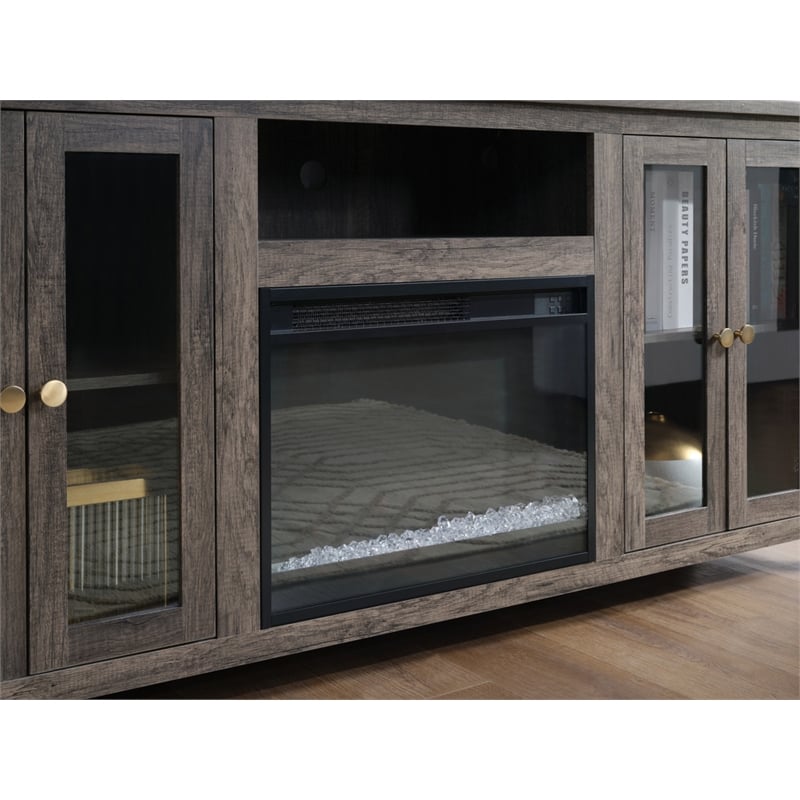 Pemberly Row Set of 2 Chenille Fabric Sectional Chaise and Fireplace TV Console