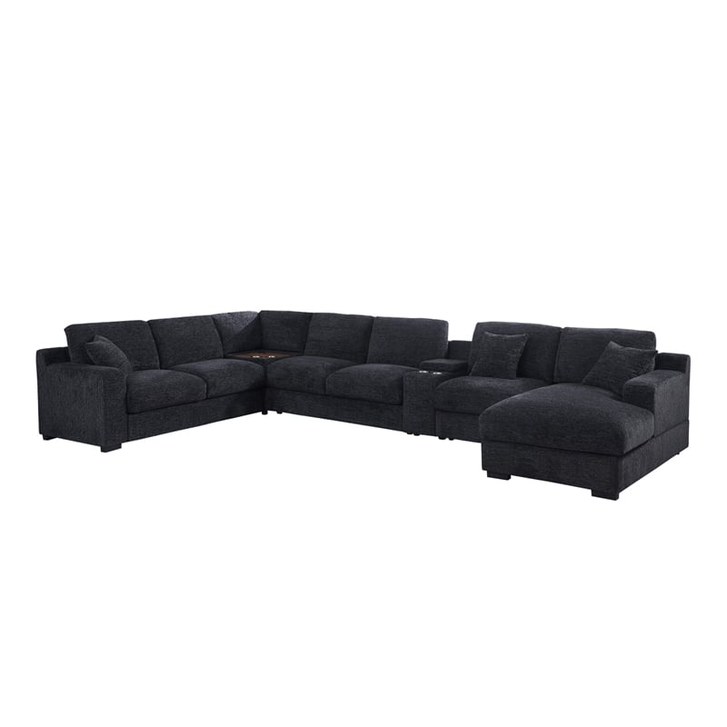 Pemberly Row Set of 2 Chenille Fabric Sectional Chaise and Fireplace TV Console