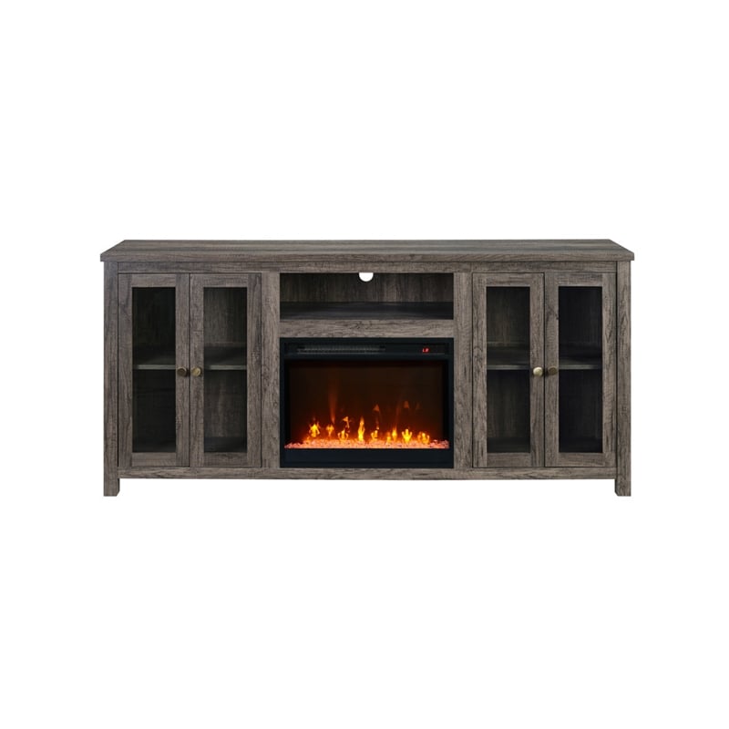 Pemberly Row Set of 2 Chenille Fabric Sectional Chaise and Fireplace TV Console