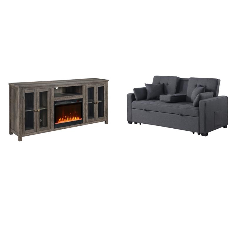 Pemberly Row Set of 2 Sleeper Loveseat and Fireplace TV Console