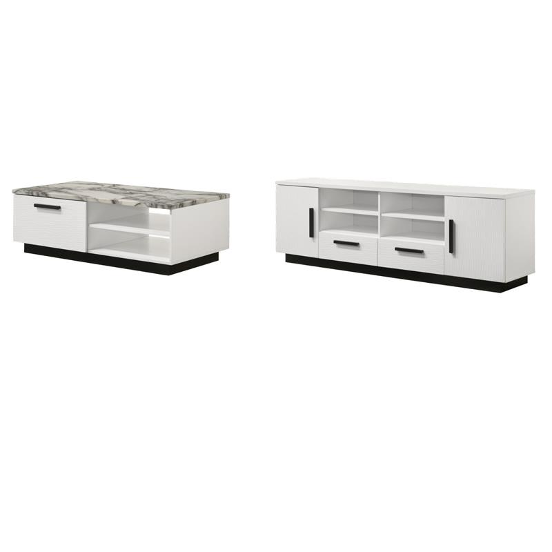 Pemberly Row Set of 2 White Coffee Table and TV Stand with Drawers