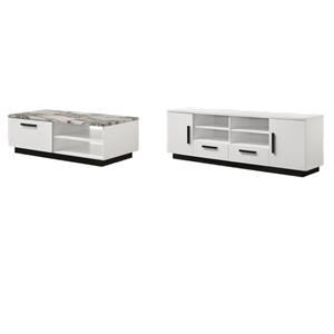 Pemberly Row Set of 2 White Coffee Table and TV Stand with Drawers