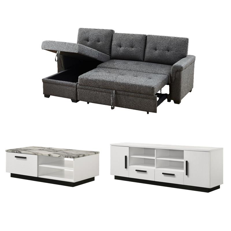 Pemberly Row Set of 3 TV Stand and Coffee Table and Reversible Sleeper Sofa