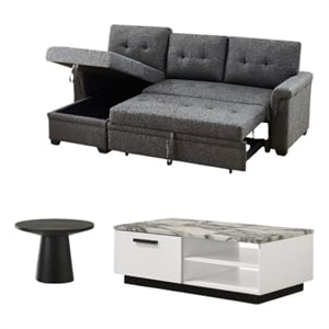Pemberly Row Set of 3 End Table and Coffee Table and Reversible Sleeper Sofa