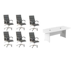 Pemberly Row Set of 7 - White Conference Table & 6 Dark Gray Executive Chairs