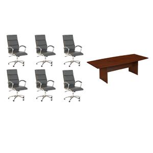 Pemberly Row Set of 7 - Cherry Conference Table & 6 Dark Gray Executive Chairs