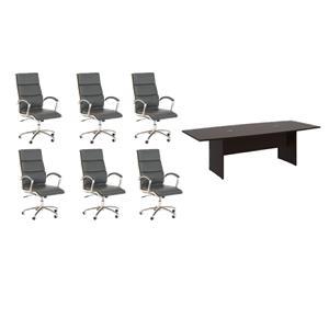 Pemberly Row Set of 7 - Cherry Conference Table & 6 Dark Gray Executive Chairs