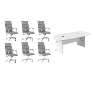 Pemberly Row Set of 7 - White Conference Table & 6 Light Gray Executive Chairs