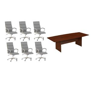 Pemberly Row Set of 7 - Cherry Conference Table & 6 Light Gray Executive Chairs
