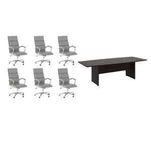 Pemberly Row Set of 7 - Cherry Conference Table & 6 Light Gray Executive Chairs
