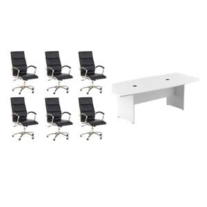 Pemberly Row Set of 7 - White Conference Table & 6 Black Executive Chairs
