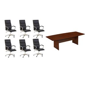 Pemberly Row Set of 7 - Cherry Conference Table & 6 Black Executive Chairs