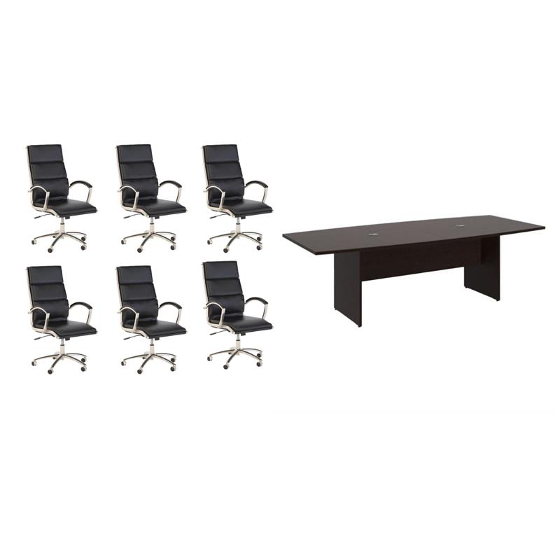 Pemberly Row Set of 7 - Cherry Conference Table & 6 Black Executive Chairs