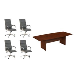 Pemberly Row Set of 5 - Cherry Conference Table & 4 Dark Gray Executive Chairs