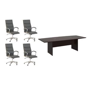 Pemberly Row Set of 5 - Cherry Conference Table & 4 Dark Gray Executive Chairs