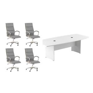 Pemberly Row Set of 5 - White Conference Table & 4 Light Gray Executive Chairs