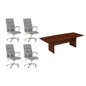 Pemberly Row Set of 5 - Cherry Conference Table & 4 Light Gray Executive Chairs