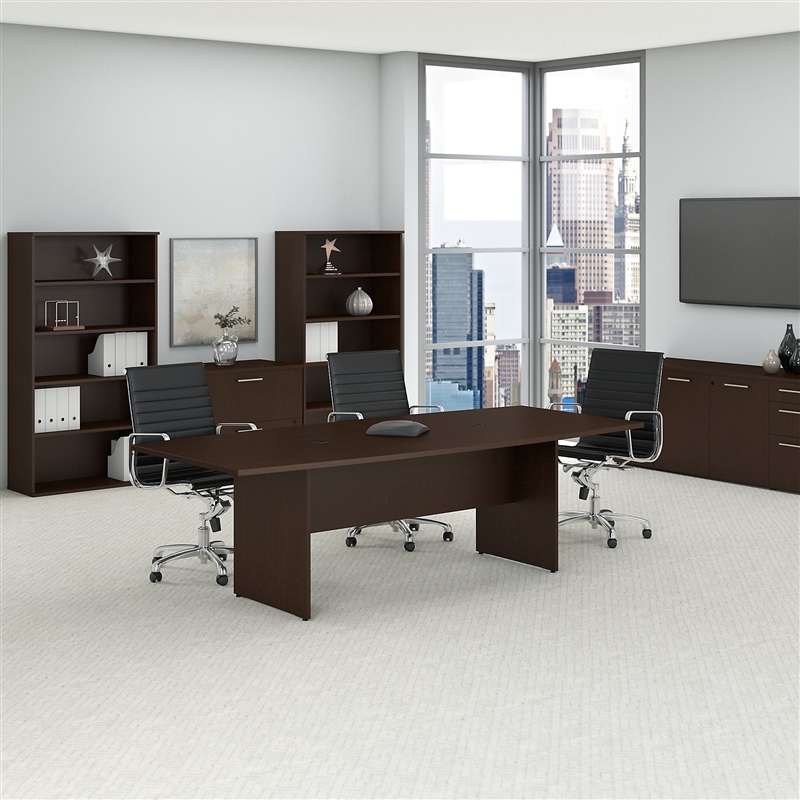 Pemberly Row Set of 5 - Cherry Conference Table & 4 Light Gray Executive Chairs