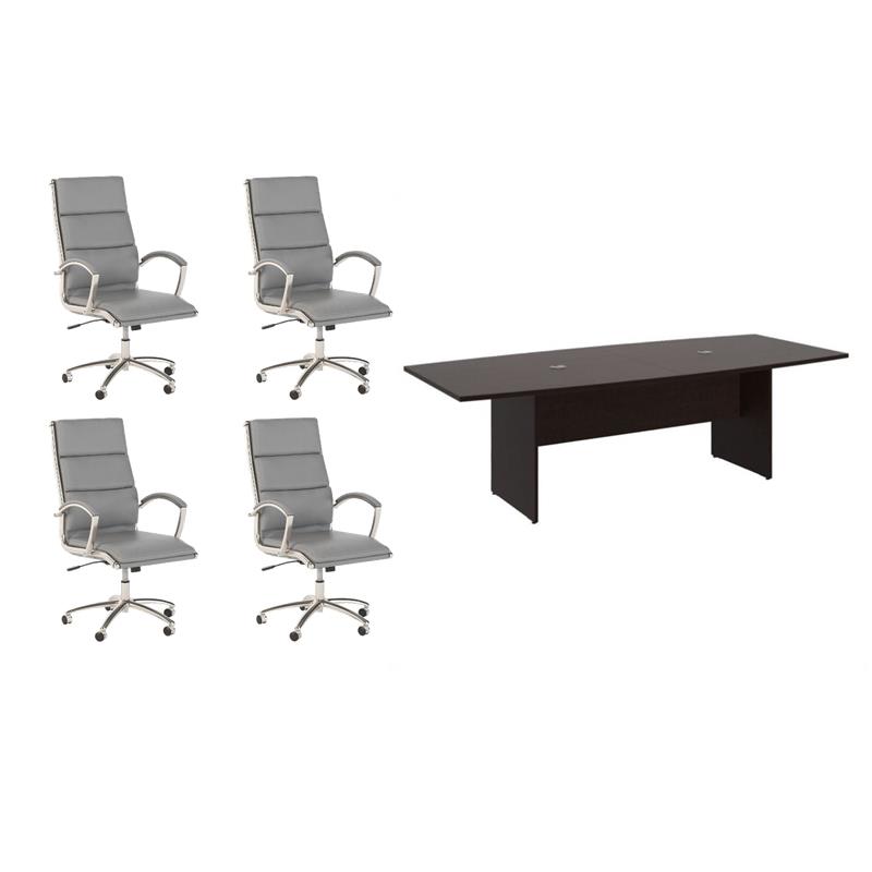 Pemberly Row Set of 5 - Cherry Conference Table & 4 Light Gray Executive Chairs