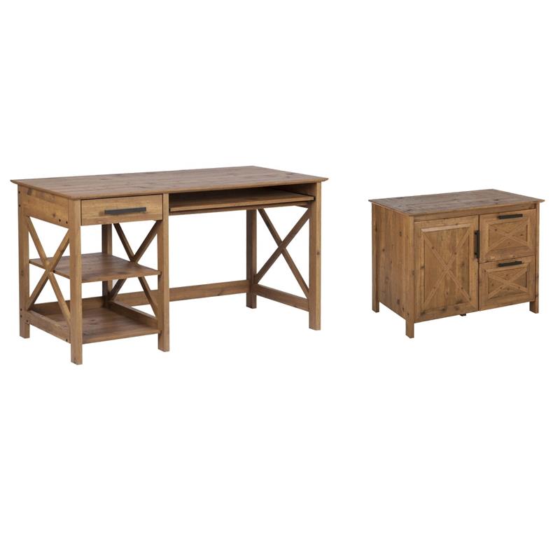 Pemberly Row Set of 2 Brown 2-Shelf Writing Desk & 2-Drawer Lateral File Cabinet