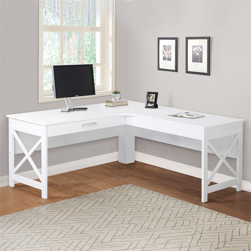 Pemberly Row Set of 2 L-shaped Desk & 2-Drawer & 3-Shelf File Cabinet in White