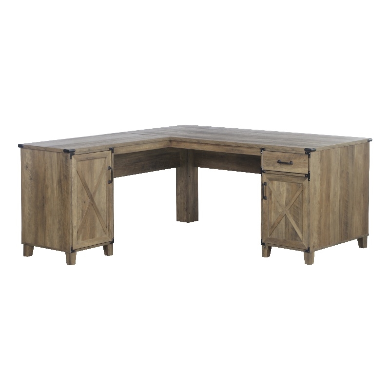 Pemberly Row Set of 2 Wood L-shaped Desk & 4-Drawers Lateral File in Brown