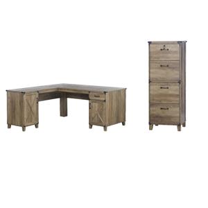 Pemberly Row Set of 2 Wood L-shaped Desk & 4-Drawers Lateral File in Brown