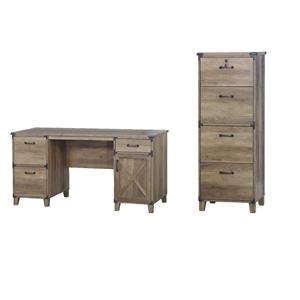 Pemberly Row Set of 2 Wood Executive Desk & 4-Drawers Lateral File in Brown