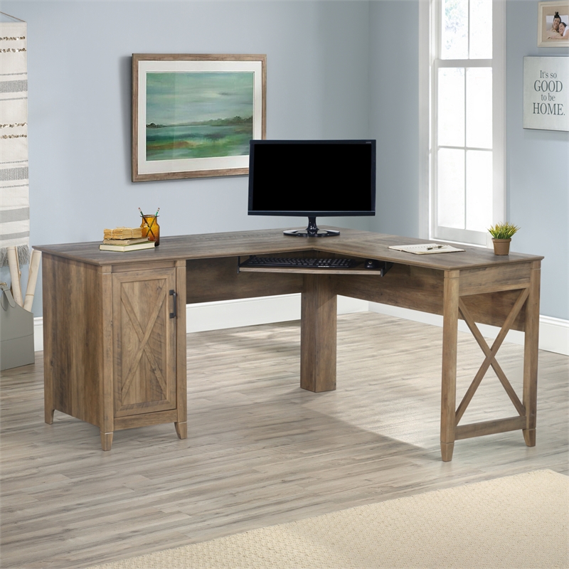 Pemberly Row Set of 2 Wood L-shaped Desk & 4-Drawers Lateral File in Brown