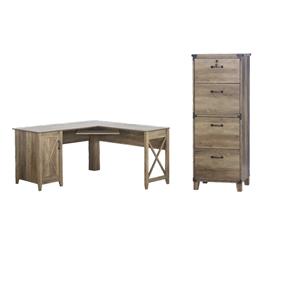 Pemberly Row Set of 2 Wood L-shaped Desk & 4-Drawers Lateral File in Brown