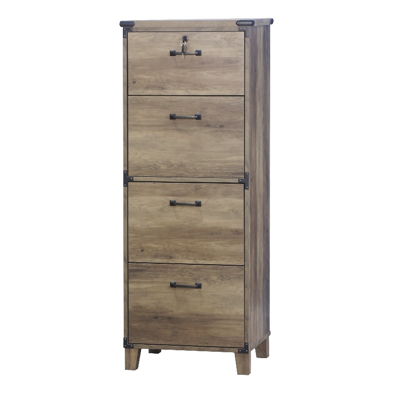 Pemberly Row Set of 2 Hutch Desk with Cabinet & 4-Drawers Lateral File in Brown