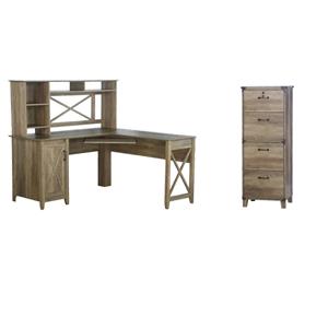 Pemberly Row Set of 2 Hutch Desk with Cabinet & 4-Drawers Lateral File in Brown