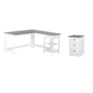 Pemberly Row Set of 2 White/Gray 3-Drawer Filing Cabinet & L-shaped Writing Desk