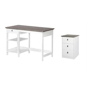 Pemberly Row Set of 2 White/Gray Oak 3-Drawer Filing Cabinet & 47&quot Writing Desk