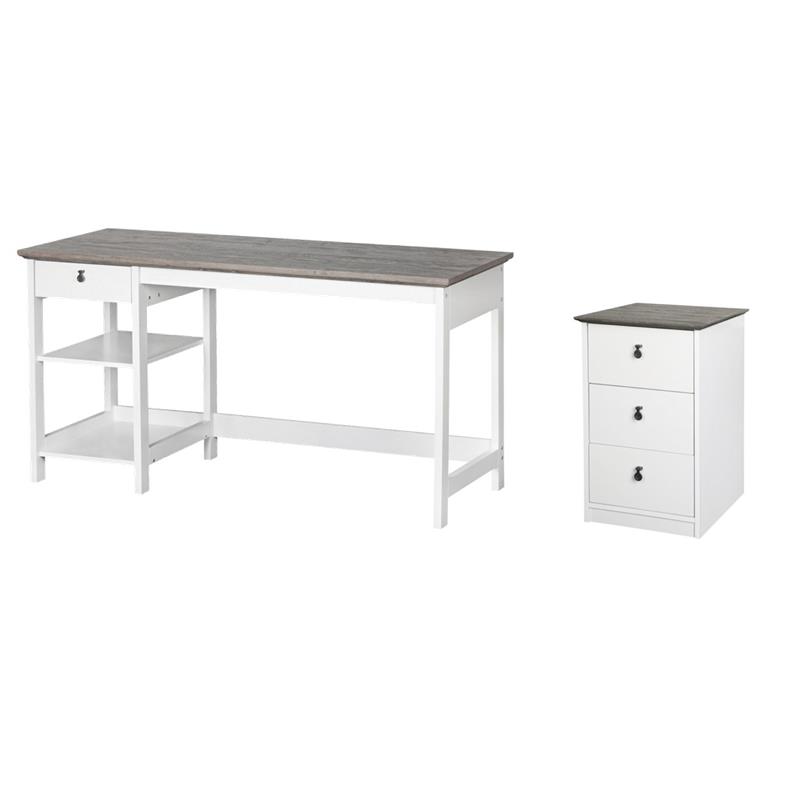 Pemberly Row Set of 2 White/Gray Oak 3-Drawer Filing Cabinet & 59