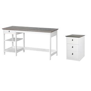 Pemberly Row Set of 2 White/Gray Oak 3-Drawer Filing Cabinet & 59&quot Writing Desk