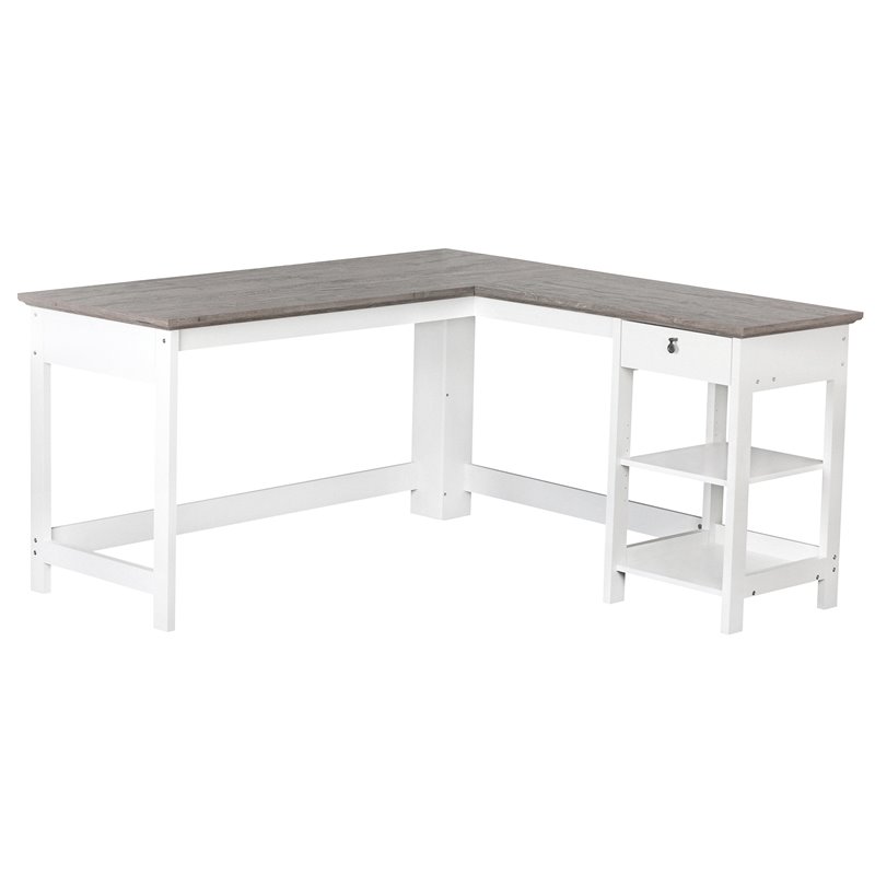Pemberly Row Set of 2 L-Shaped Writing Desk & Lateral File Cabinet in White/Gray