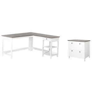 Pemberly Row Set of 2 L-Shaped Writing Desk & Lateral File Cabinet in White/Gray