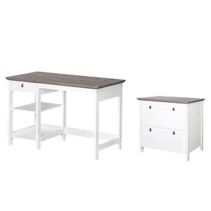 Pemberly Row Set of 2 47&quot Writing Desk & Lateral File Cabinet in White/Gray Oak